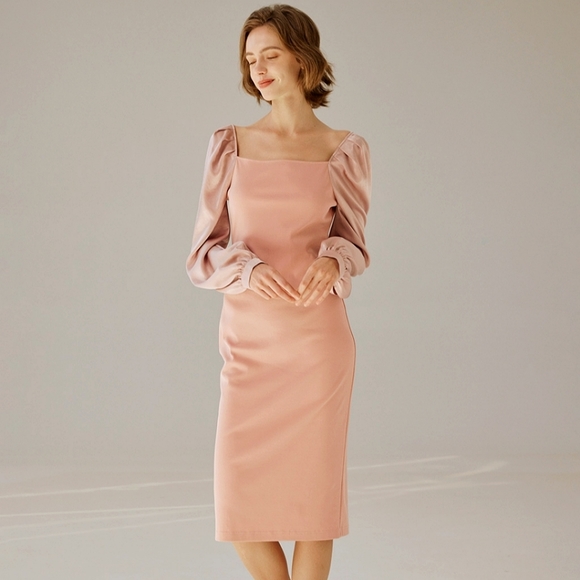 🆕 NAP Loungewear Square Neck Puff Sleeve Midi Dress in Peach Pink - Picture 2 of 10